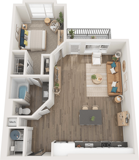 Floor plan for 1 bed, 1 bath, 846 sqft